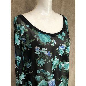 2X Plus Top Blouse Floral Black Green 3/4 Sleeve #391